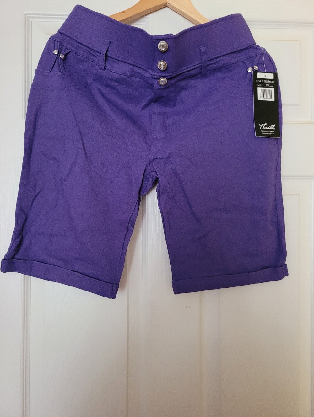 Thrill Violet Mid-Rise Stretch Bermuda Shorts with Triple-Button Front